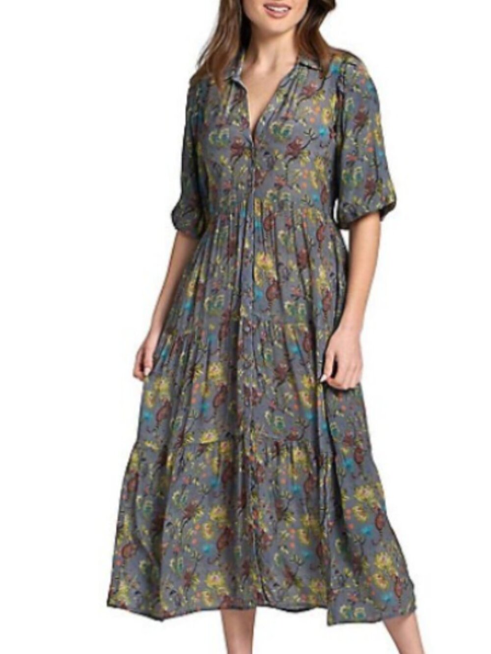 APNY Womens Size M Dress Gray Print Midi Button Front Flare Shirt Dress